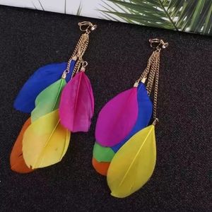 Clip On Long Vibrant Feather Earrings